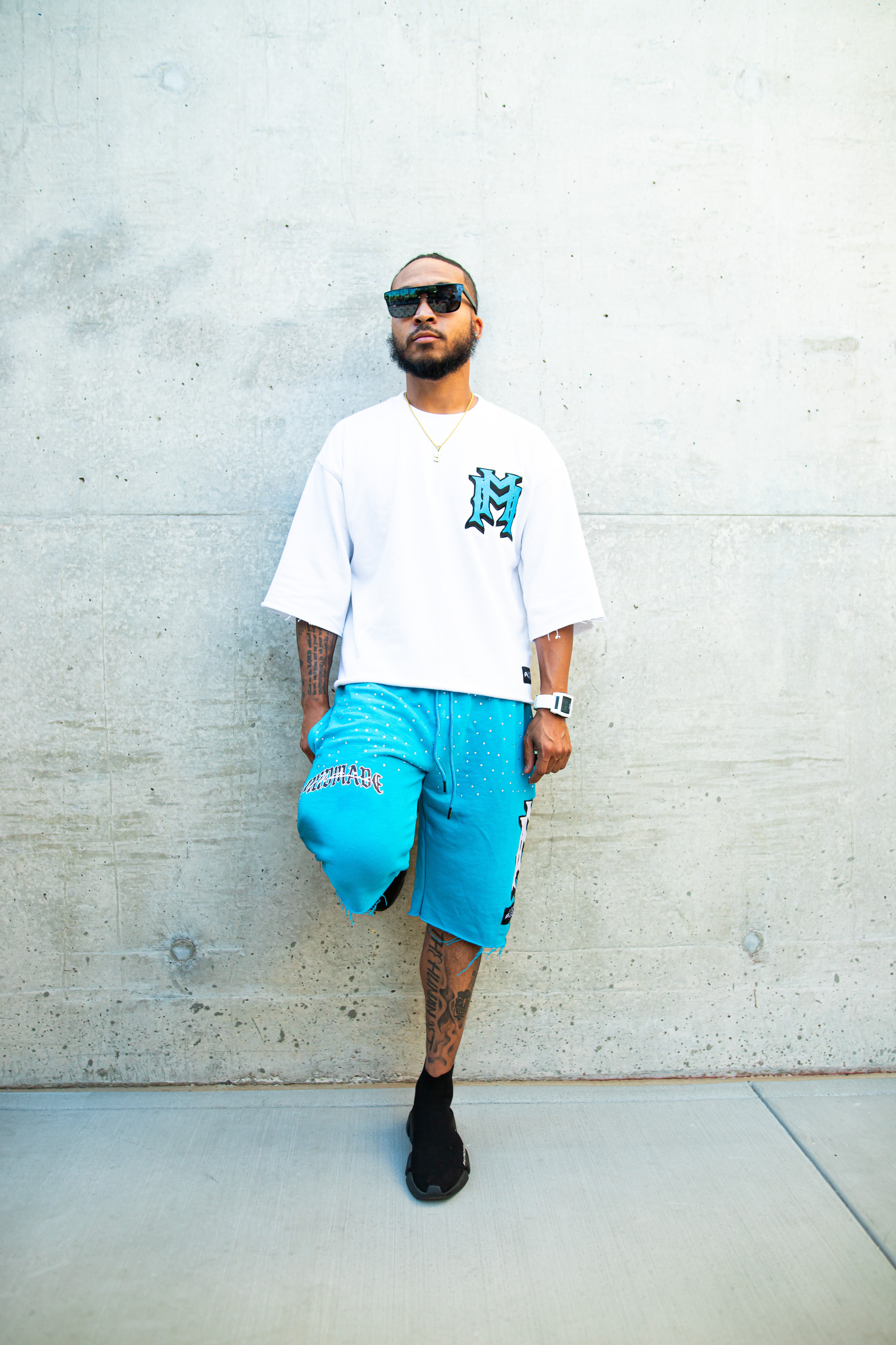 Blue/white embroidered double M rhinestone shorts