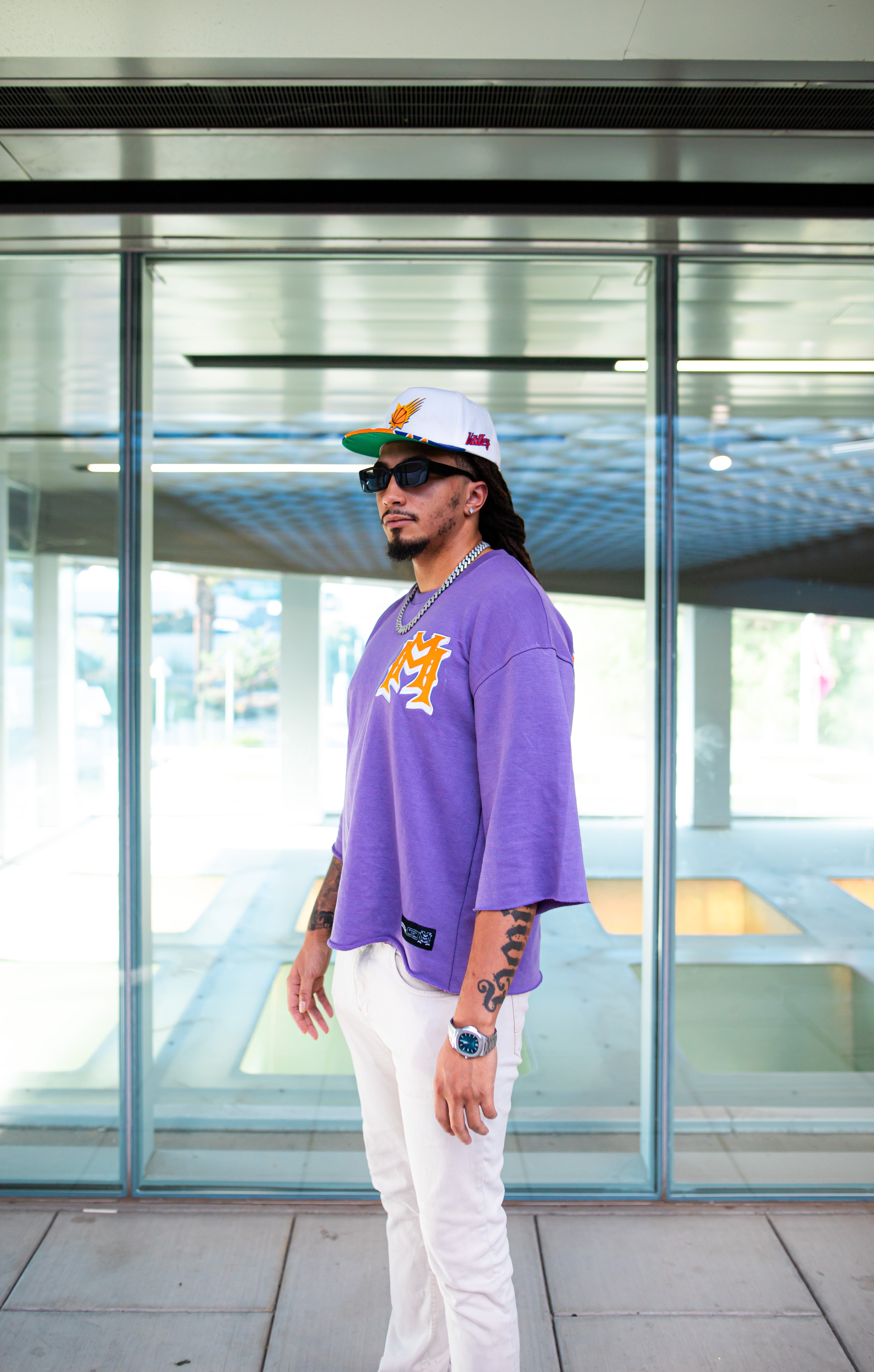 Embroidered Double M Lavender/Orange Drop Shoulder Tee