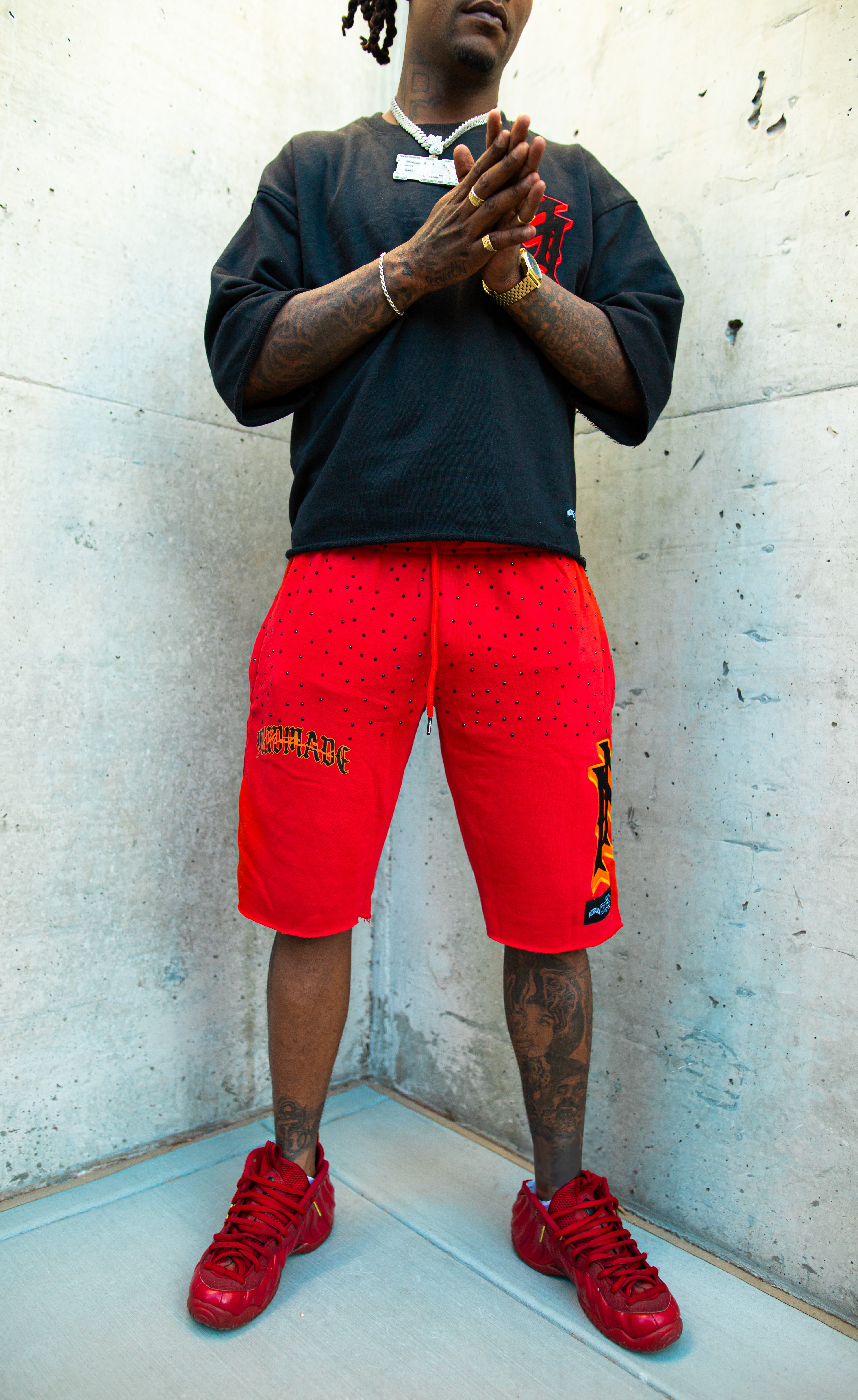 Red/black rhinestone/embroidered double M shorts