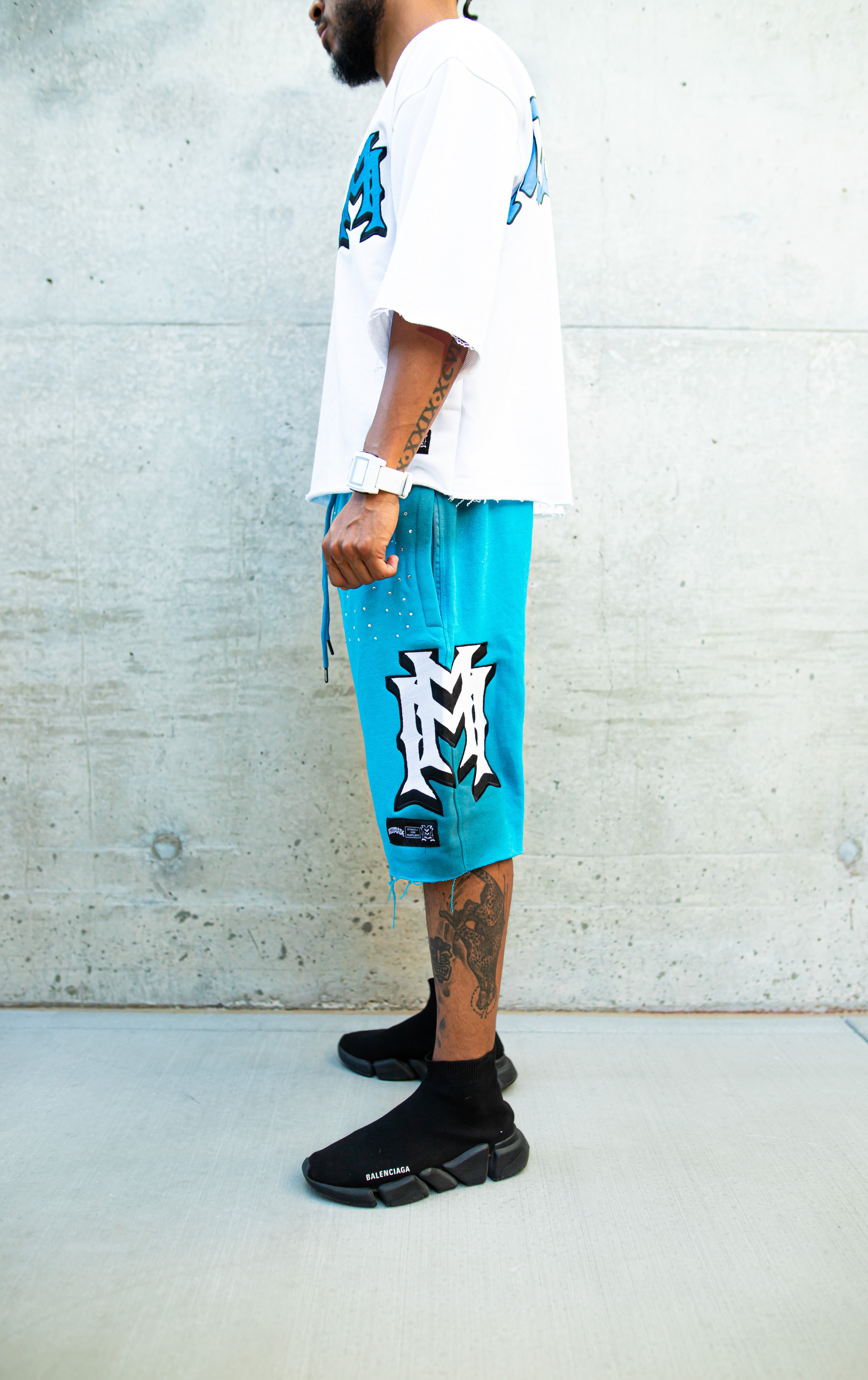 Blue/white embroidered double M rhinestone shorts