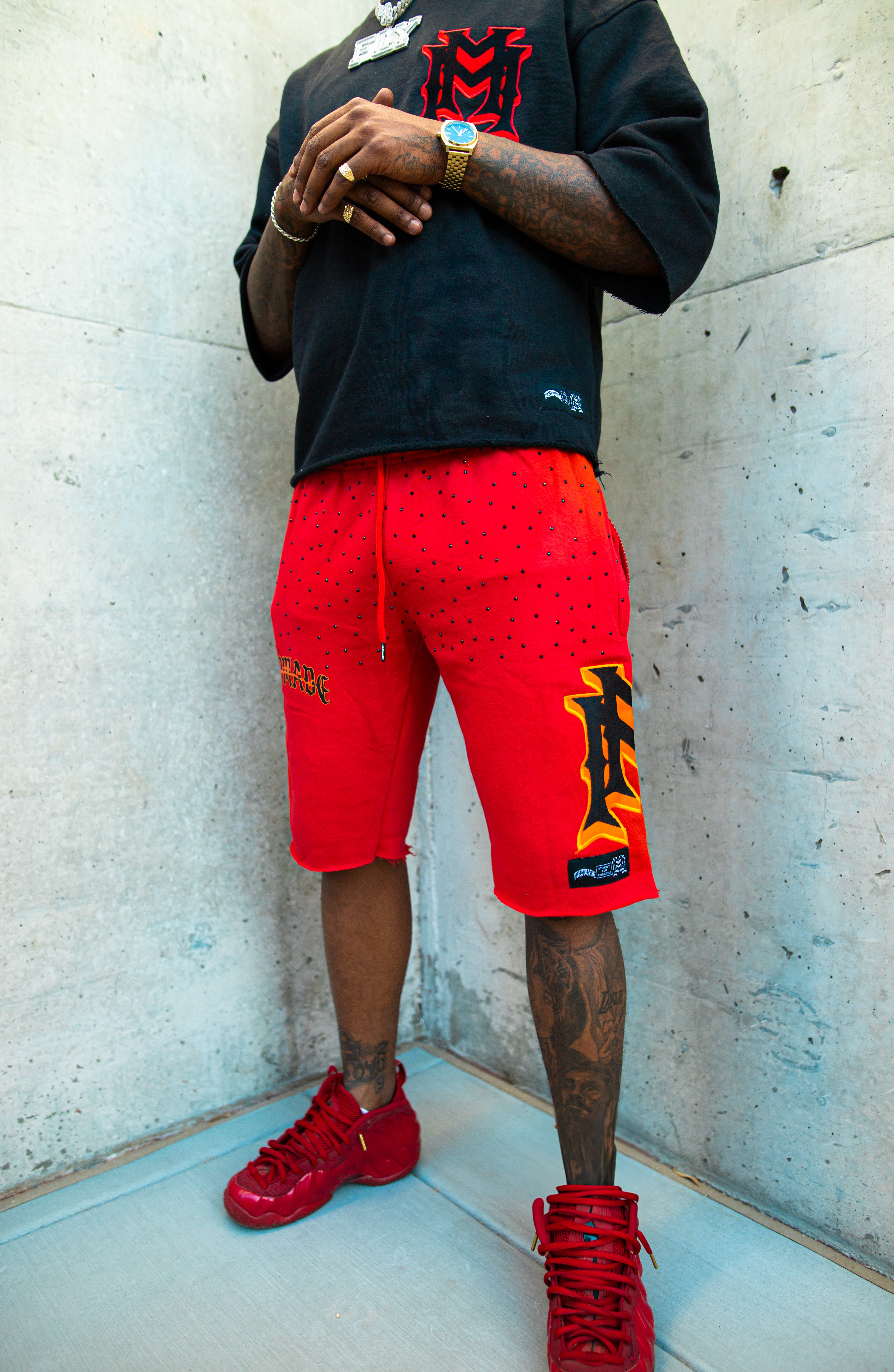 Red/black rhinestone/embroidered double M shorts