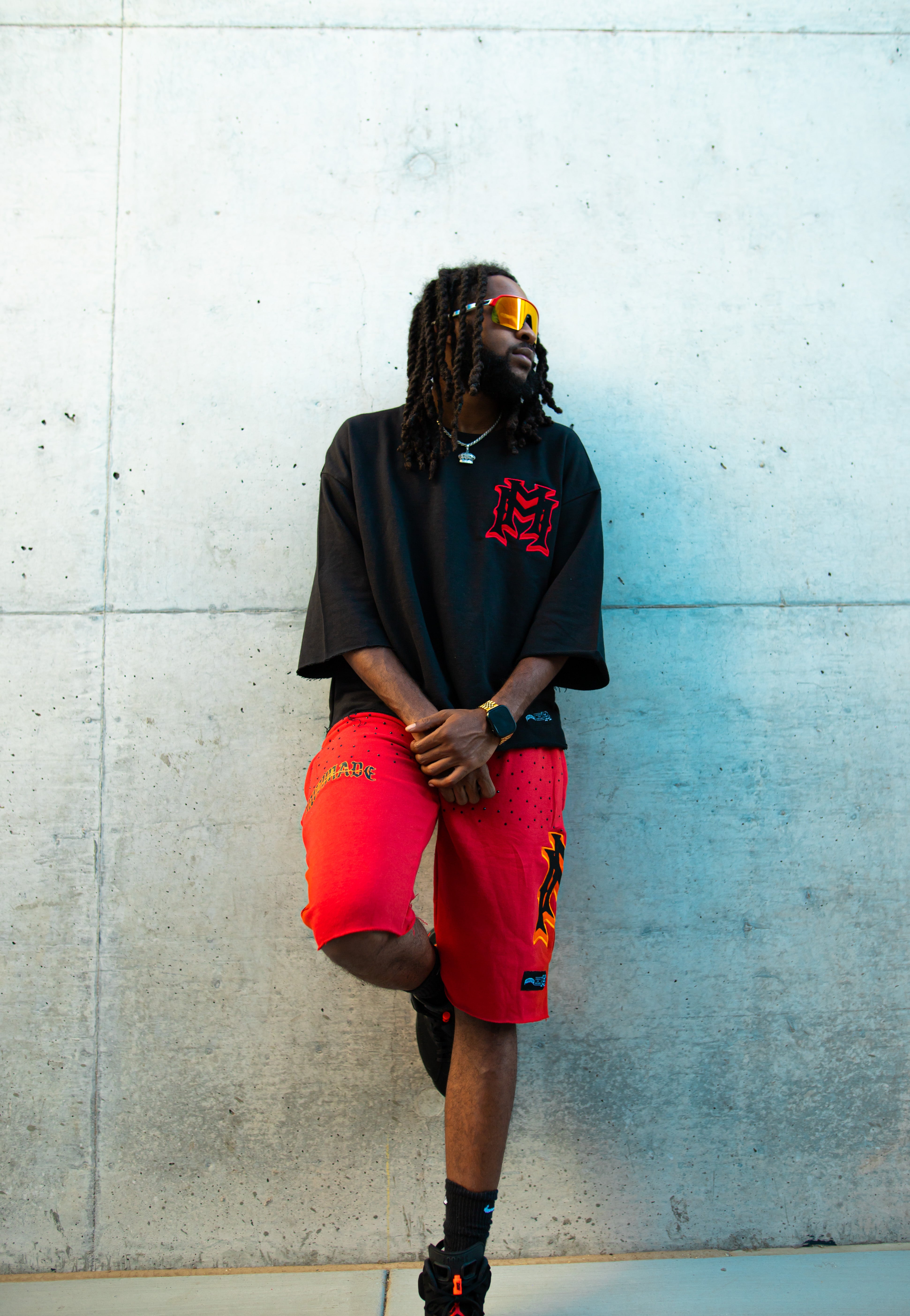 Red/Black Double M Embroidered Shorts