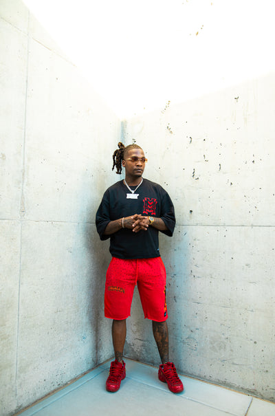Red/black rhinestone/embroidered double M shorts