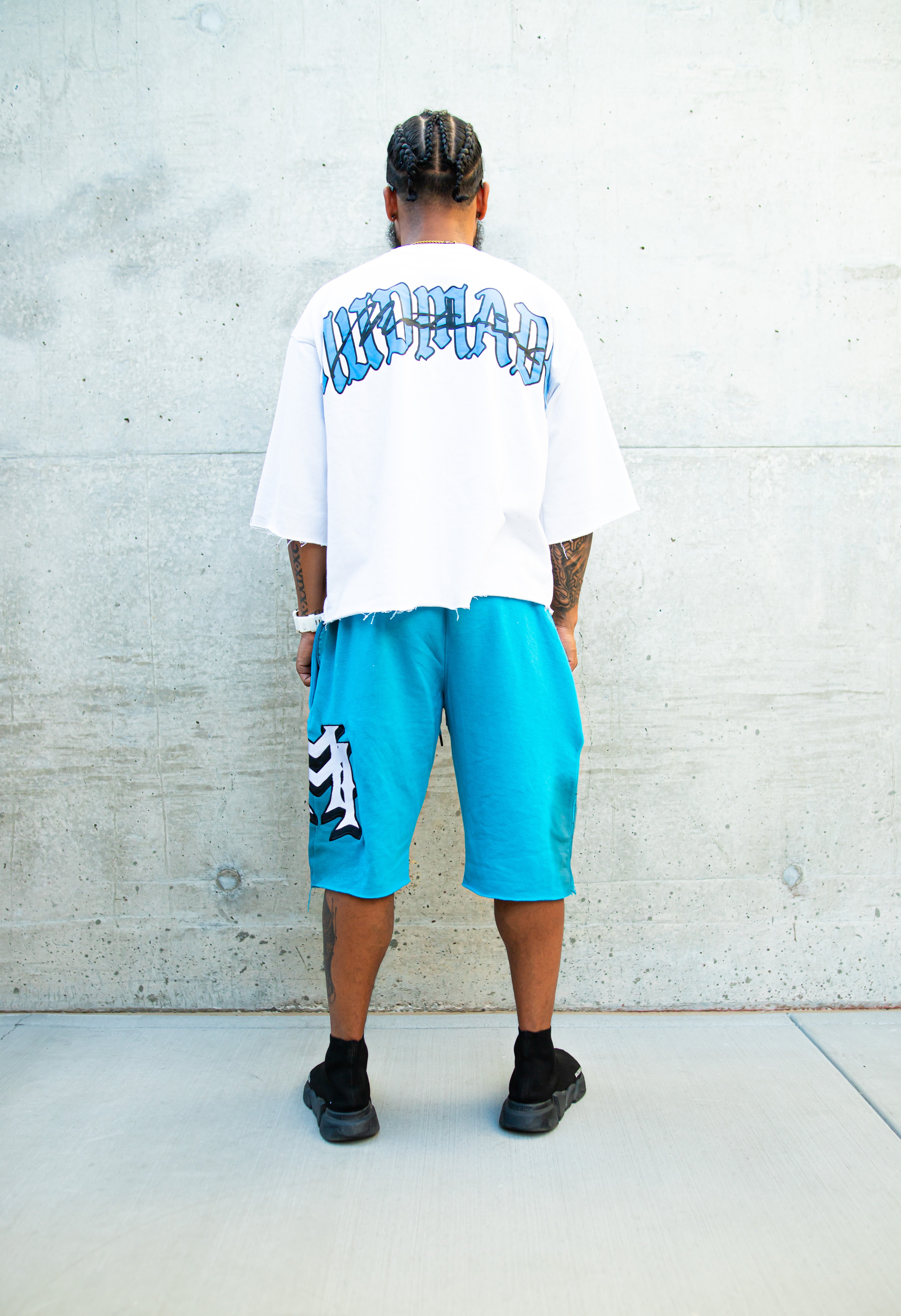 Blue/white embroidered double M rhinestone shorts