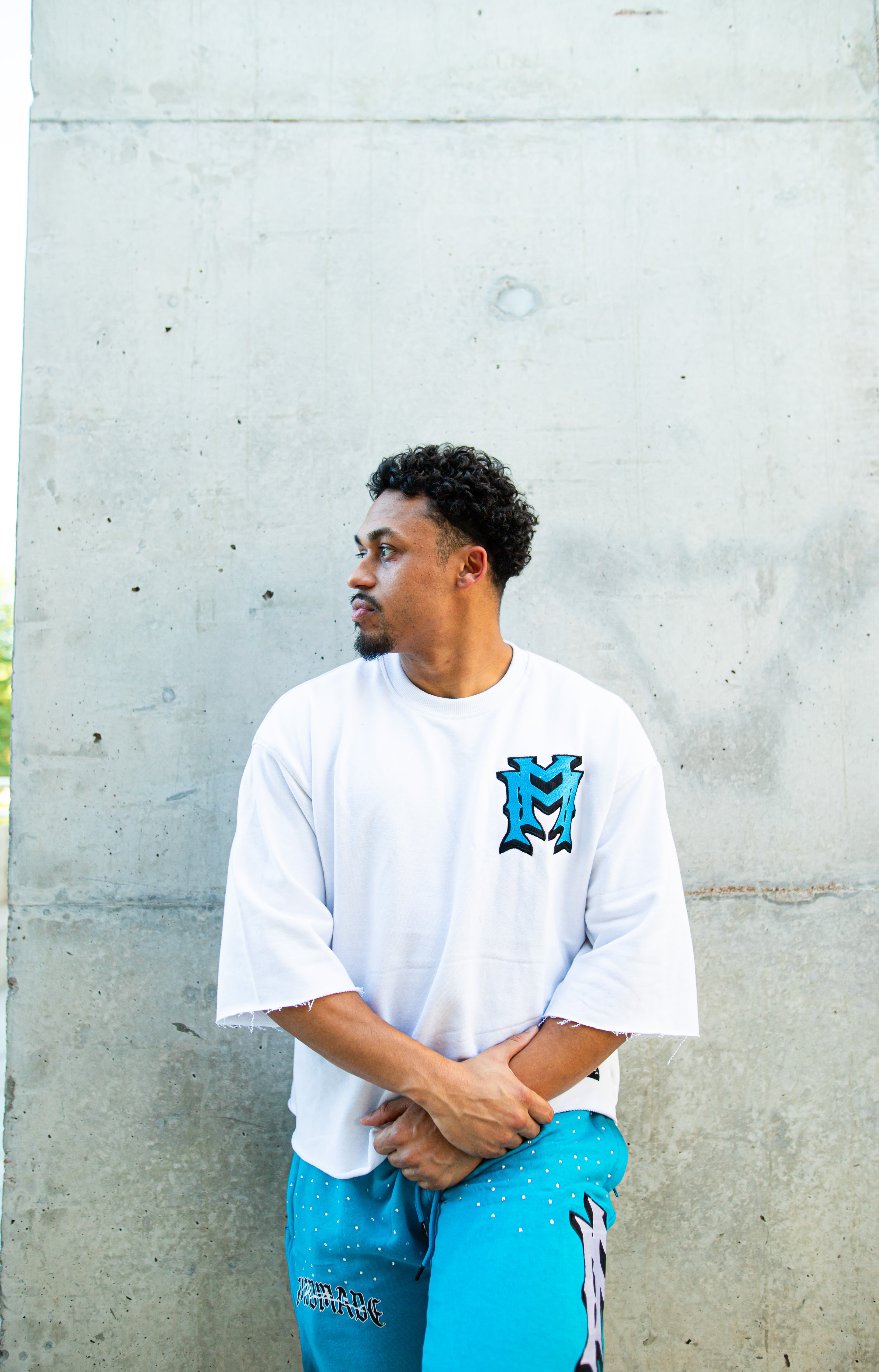 Blue/white embroidered double M rhinestone shorts