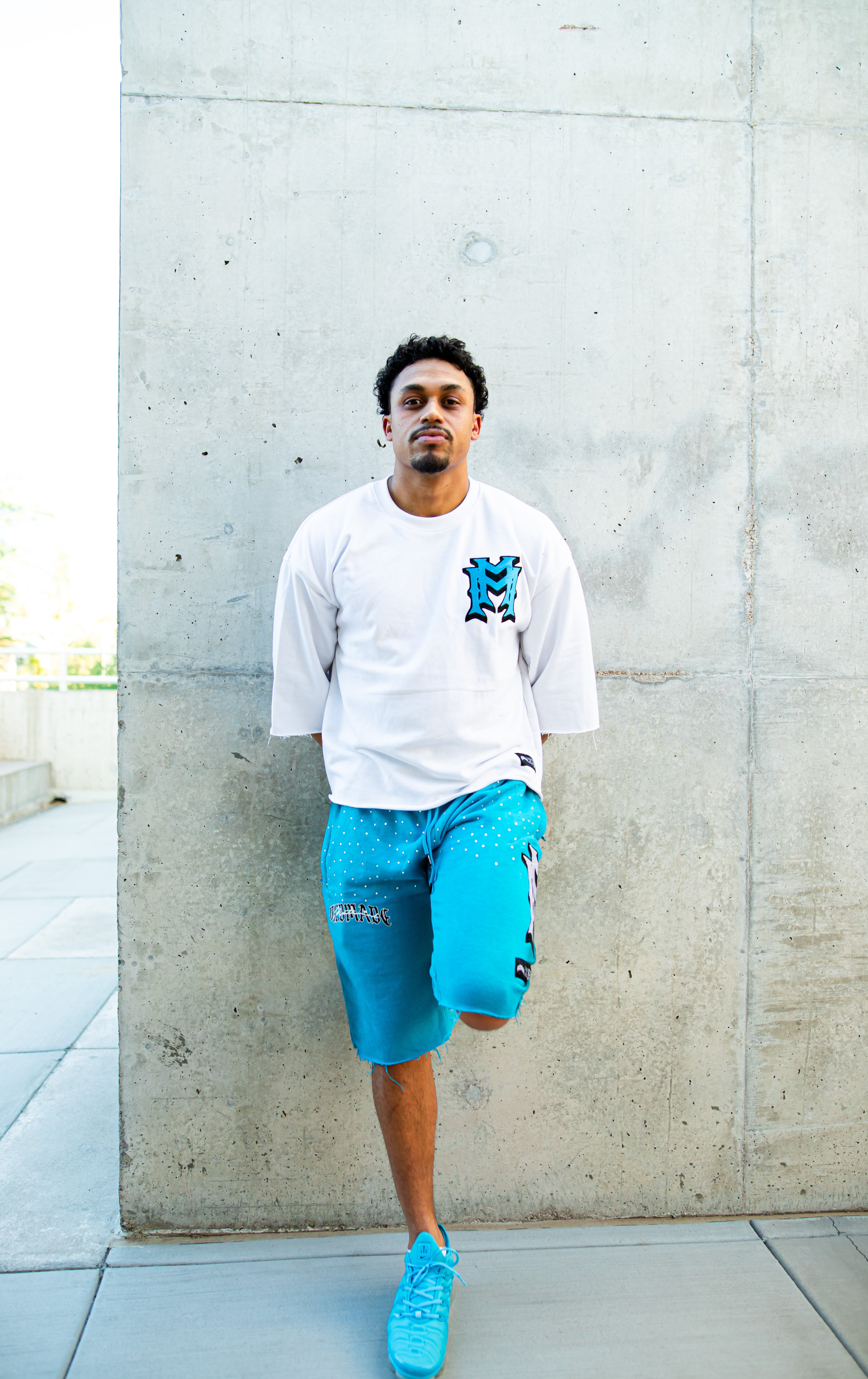 Blue/white embroidered double M rhinestone shorts