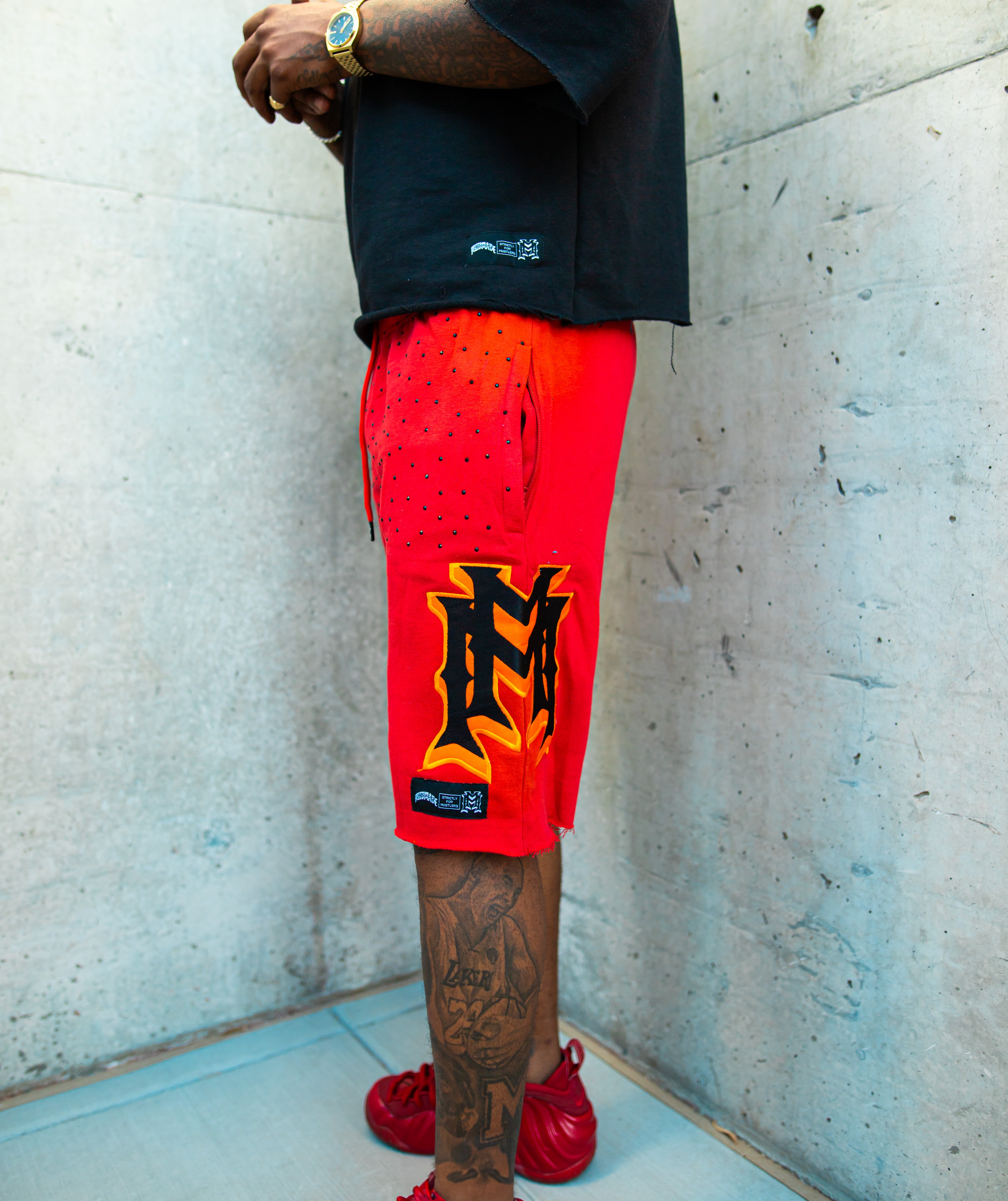 Red/black rhinestone/embroidered double M shorts