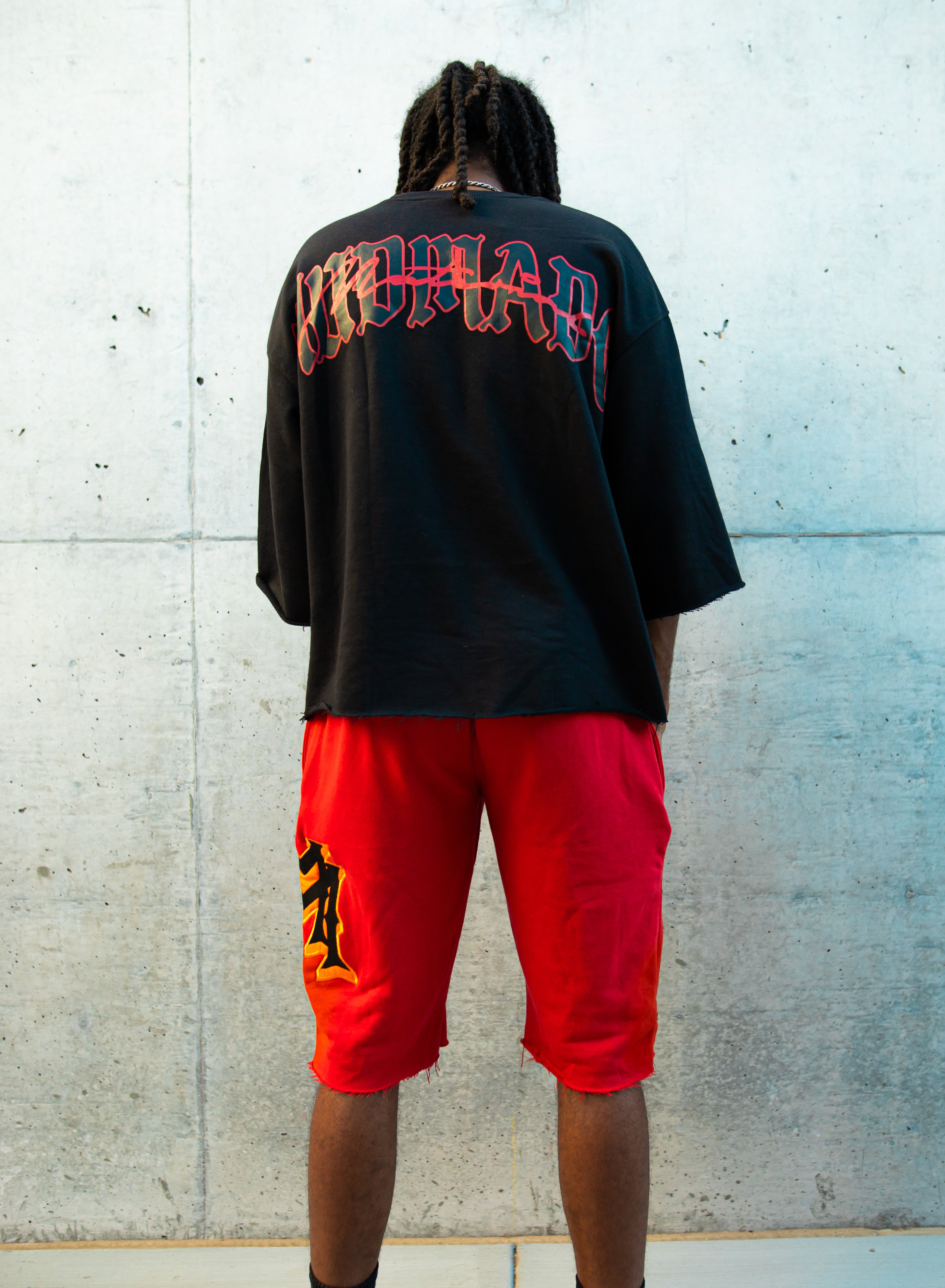 Black/red color embroidered drop shoulder tee