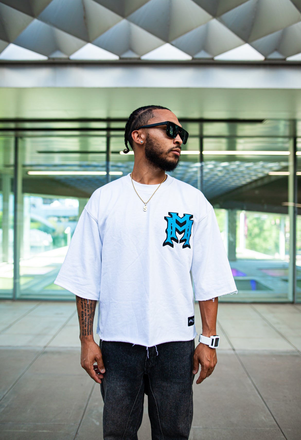 Embroidered Double M Blue/White Drop Shoulder Tee