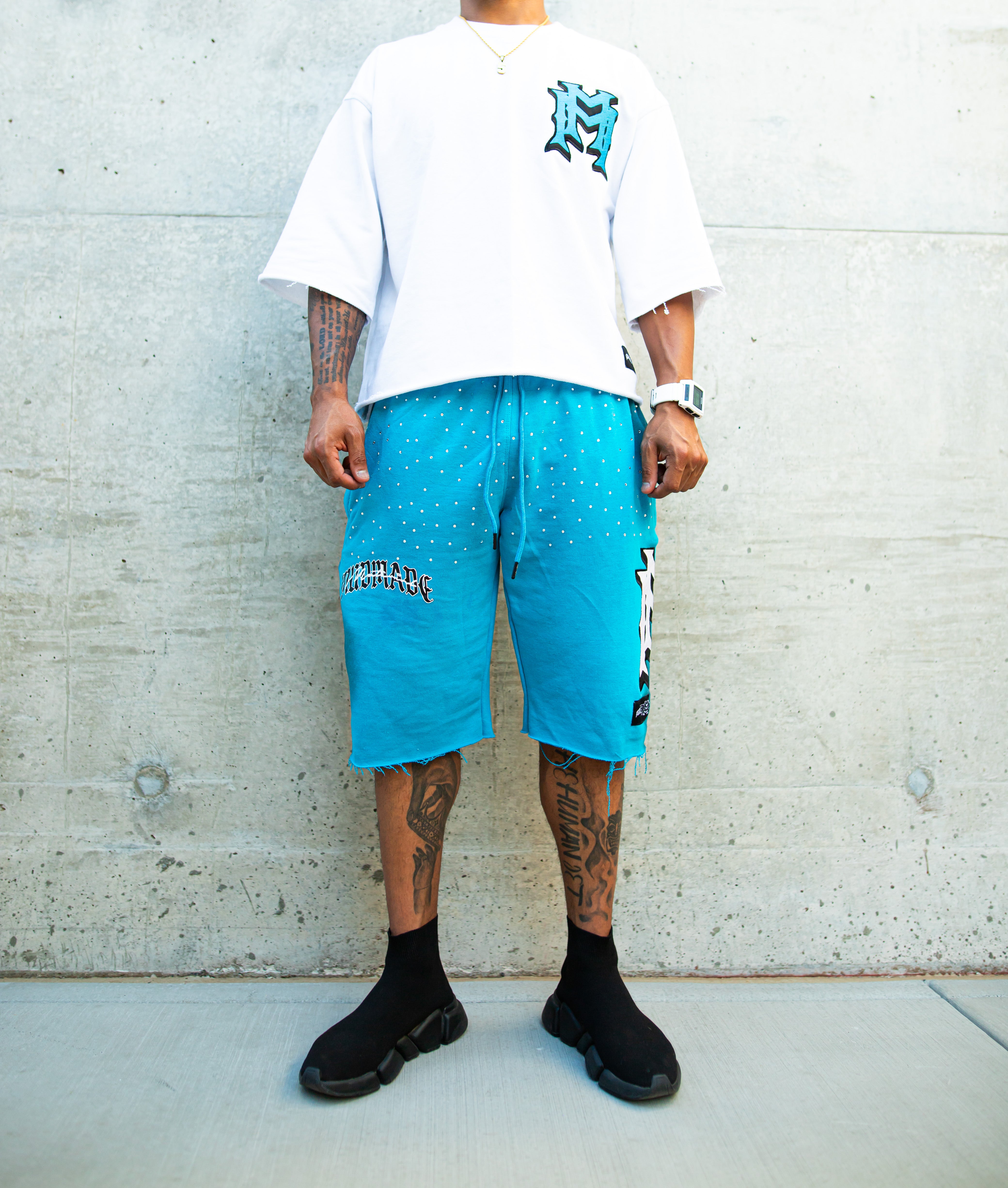 Blue/white embroidered double M rhinestone shorts