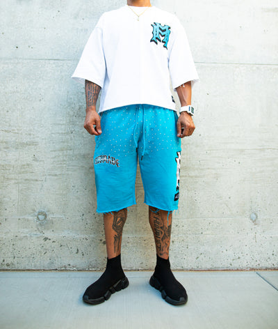 Blue/white embroidered double M rhinestone shorts