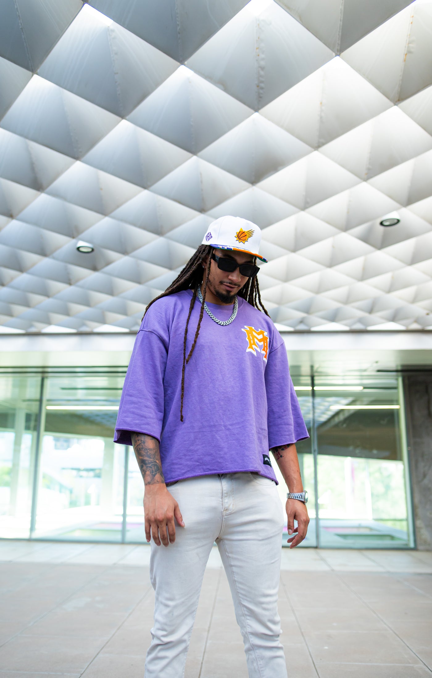 Embroidered Double M Lavender/Orange Drop Shoulder Tee