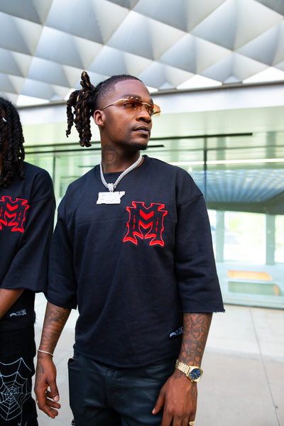 Black/red color embroidered drop shoulder tee