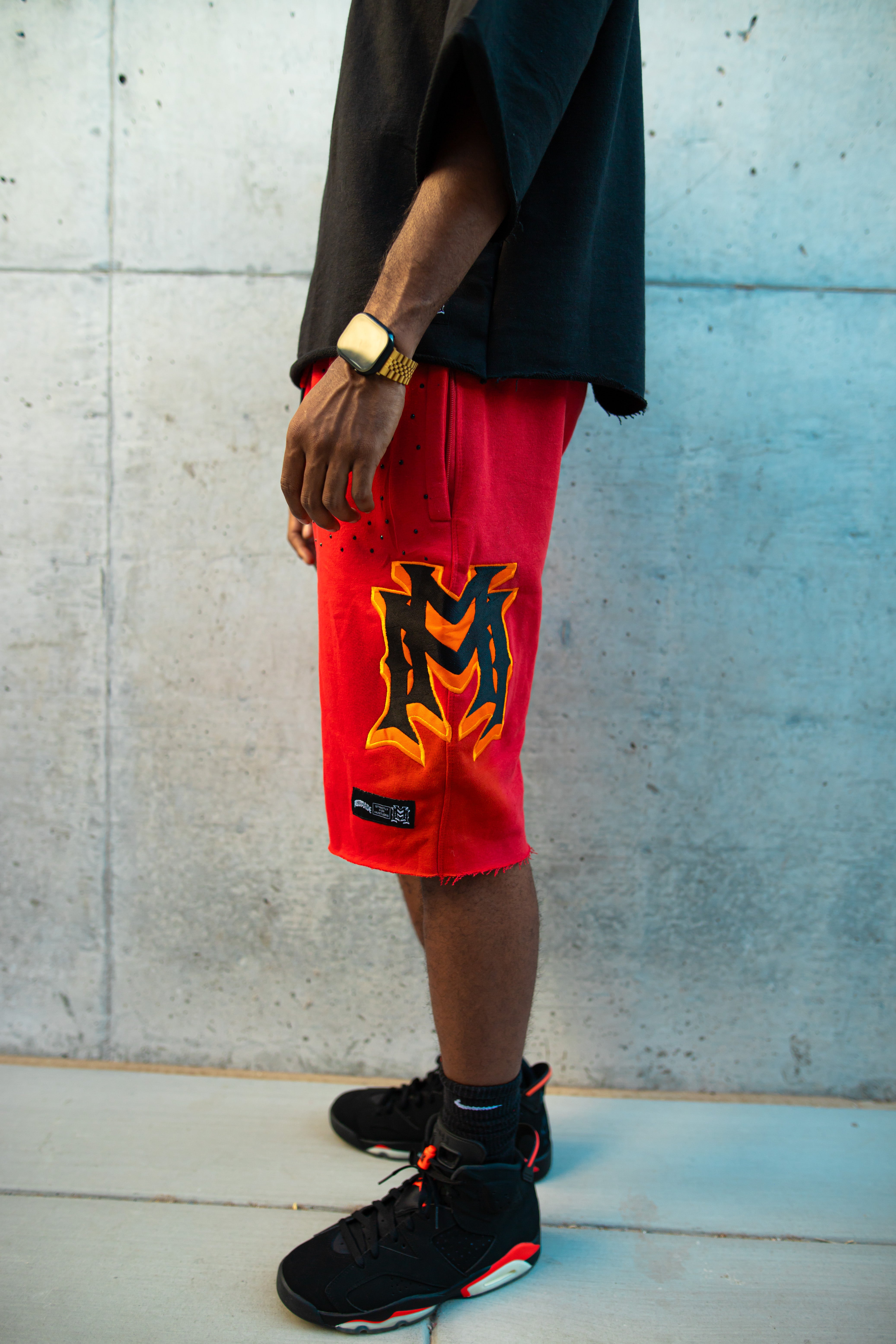 Red/black rhinestone/embroidered double M shorts